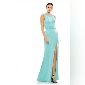 Ieena for Mac Duggal,Sleeveless Rhinestone Collar Column Gown, Aqua, Size 6, NWT